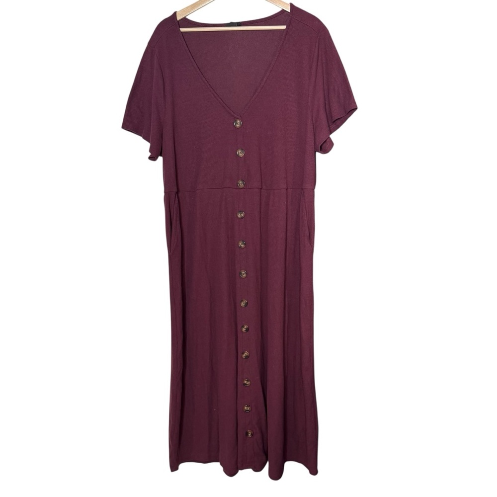 Torrid Ribbed Knit Button Front V Neck Midi Dress Size 3X Burgundy Pocket Casual